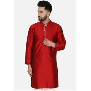 SKAVIJ Men's Tunic Art Silk Long Shirt Embroidered Kurta & Nehru Jacket Large